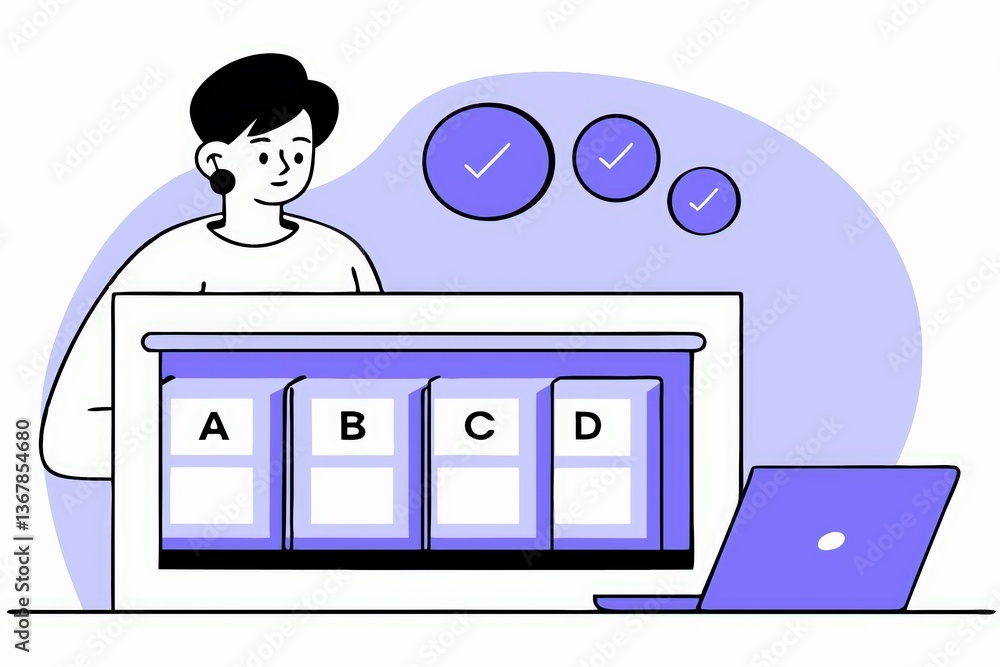Poster a person interacts with a digital interface displaying options a, b, c, and d, accompanied by checkm