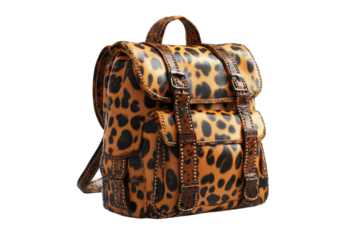 A stylish leopard print backpack, perfect for a bold adventurer, featuring studded detailing and rich brown leather straps against a bright white background.