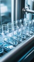 Laboratory equipment with clear glass test tubes arranged on a metal tray in a science lab during daylight hours