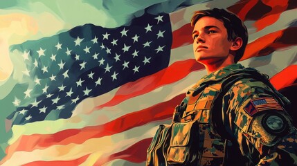 Illustration of a young American soldier standing in front of the flag detailed shading and strong patriotic symbolism ultra-HD painting