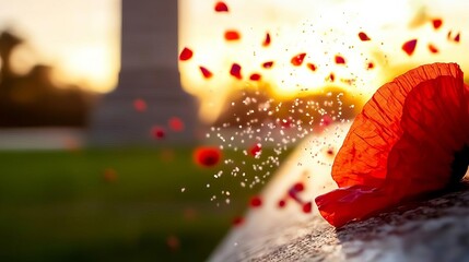 Fototapeta premium Memorial Day Remembrance USA Family Vibrant petals falling in soft sunset light.