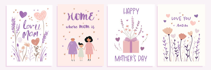 Set of Mother's Day greeting Cards with lavender flowers and hearts