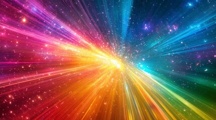 Fototapeta premium Vibrant rainbow light rays burst from central point, resembling a galaxy or star explosion.