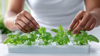 Closeup of hands tending fresh basil plants in hydroponic tray. Perfect for indoor gardening tutorials or herb-growing ads. Selective focus