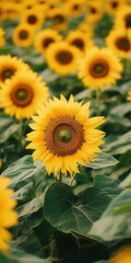 Obraz premium Field of Radiance: A close-up shot of a single, vibrant sunflower, set against a backdrop of an endless field of fellow blossoms.