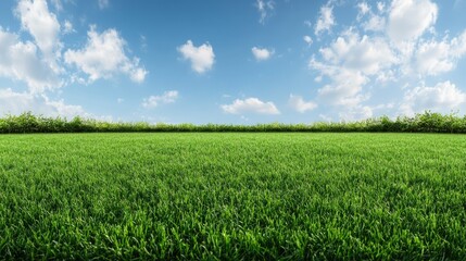 Obraz premium Vibrant green grass spreads across the field, illuminated by sunlight, creating a peaceful atmosphere on a clear day
