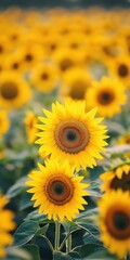 Obraz premium Sunflower Field's Golden Embrace: A vibrant tapestry of sunflowers stretching as far as the eye can see, showcasing nature's cheerful beauty. Each blossom is a beacon of warmth and happiness.