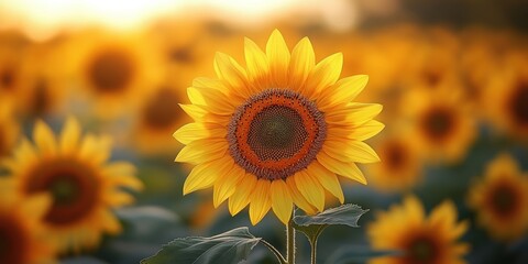 Fototapeta premium Sunflower Field at Sunset: A vibrant sunflower in full bloom stands proudly against a backdrop of a vast field, kissed by the warm hues of a setting sun, showcasing nature's beauty.