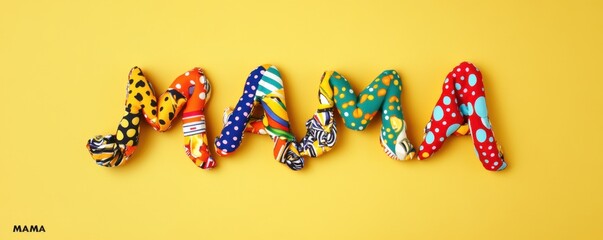 Colorful Fabric Letters Spell "MAMA" on Vibrant Yellow Background