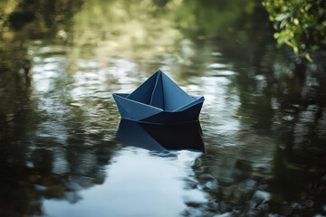 Blue paper boat floating in calm reflective water surrounded by nature