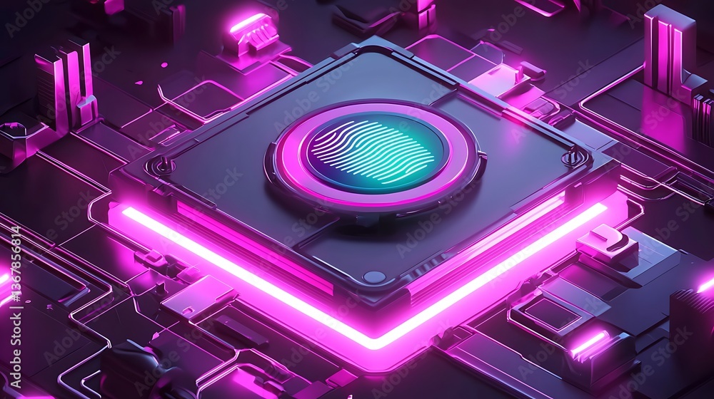 Poster futuristic biometric chip embedded in complex circuit board. high-tech security system showcased wit