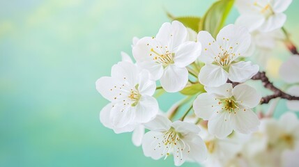 Obraz premium Close-up of delicate white cherry blossoms on a soft green background, with space for text or images, is the perfect design for cards, invitations, wallpapers, banners, posters, social media posts.