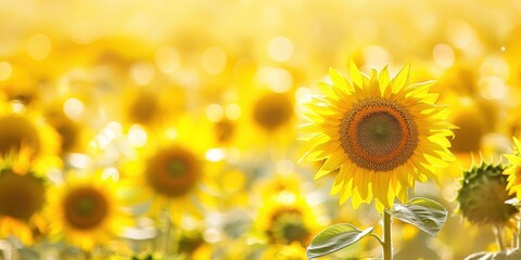 Fototapeta premium Golden Sunflower Field: A breathtaking landscape of sunflowers in full bloom, their vibrant yellow petals catching the sunlight, creating a mesmerizing display of natural beauty.