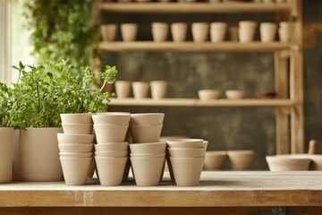 Fototapeta premium Stack of unglazed clay cups arranged on a workbench with plants nearby Generative AI