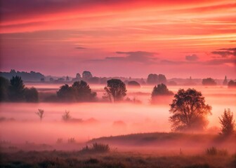 Fototapeta premium Misty Dawn: Red Sky Haze Landscape Photography - Atmospheric Stock Image