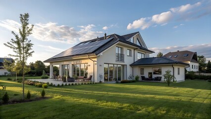 Obraz premium A modern, eco-friendly home bathed in the golden light of sunset, showcasing sustainable architecture and spacious outdoor living, with a lush green lawn.