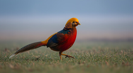 Striking Golden Pheasant Striding in Dawn Light with Graceful Posture