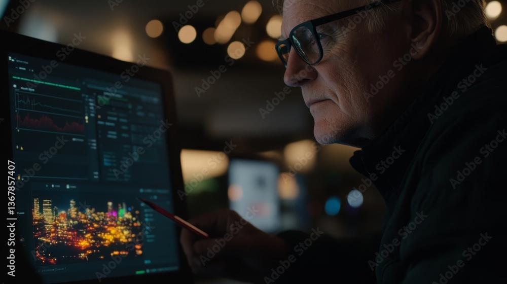 Aufkleber A designer skillfully uses a stylus on a tablet to create a glowing digital illustration of a futuristic cityscape in a tech-filled workspace