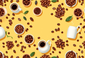 Obraz premium Seamless pattern of coffee beans, cups, and cafe elements on a warm background, seamless, drink