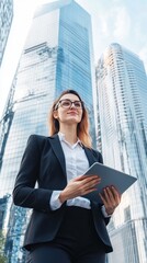 Fototapeta premium Confident Businesswoman Holding Tablet in a Modern Cityscape
