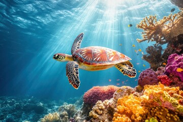 Fototapeta premium Sea turtle gliding through vibrant coral reef in clear ocean waters Generative AI
