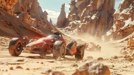 Old futuristic cars at post apocalypses, vintage iron rusty vehicles drive on desert like fantasy movie.