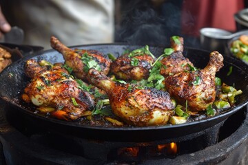 A sizzling platter of grilled quails with harissa spice