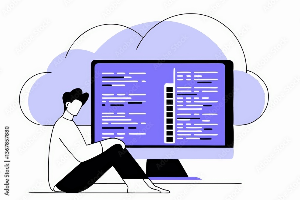 Poster a minimalist illustration of a person sitting beside a computer displaying code, with a cloud in the
