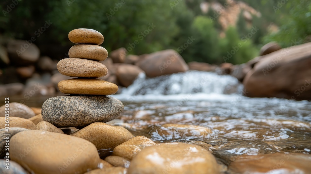 Aufkleber Water flows gently over stacked stones, creating a calming atmosphere in nature. The slow shutter speed highlights the beautiful motion of the waterfall
