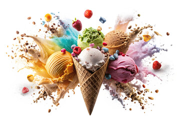 delicious ice cream explosion isolated on white background PNG. GENERATIVE AI
