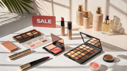 Cosmetic Sale Backgrounds with Makeup Products and Promotional Sign