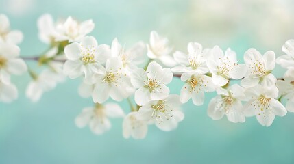 Fototapeta premium Close-up of delicate white cherry blossoms on a soft green background, with space for text or images, is the perfect design for cards, invitations, wallpapers, banners, posters, social media posts.