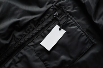 Close-up of Black Jacket with Zipper and Blank White Tag