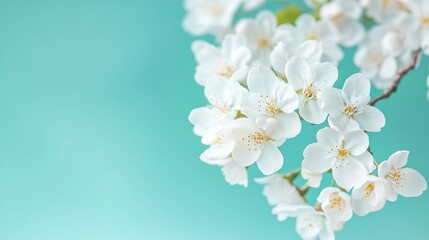Close-up of delicate white cherry blossoms on a soft green background, with space for text or images, is the perfect design for cards, invitations, wallpapers, banners, posters, social media posts.