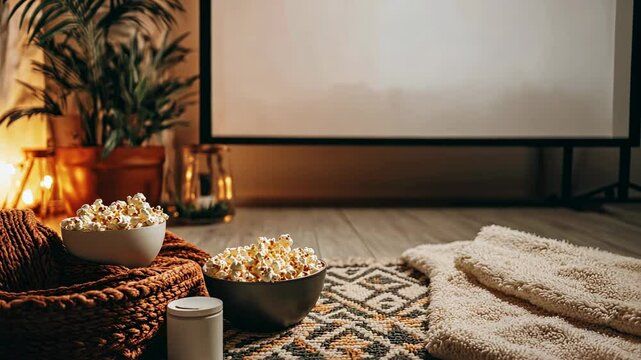 Cozy Home Cinema Night: Movie Night Setup with Popcorn and Blankets
