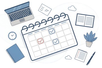 Productivity and Time Management, Calendar with Checked Tasks, Planning, Scheduling, Work Organization, and Office Supplies Illustration