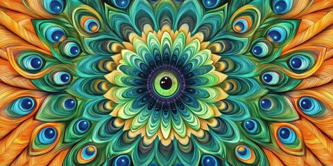 Intricate Peacock Pattern: A mesmerizing symmetrical design of peacock feathers, showcasing a vibrant array of colors and patterns that captivate the eye. 