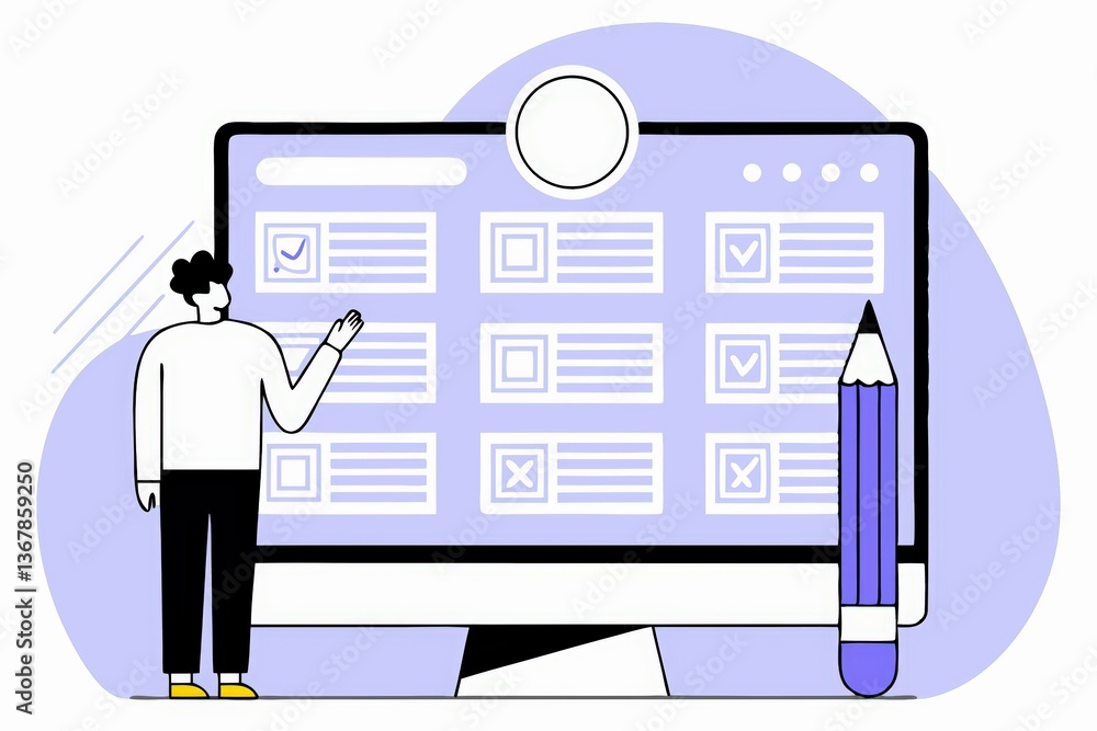 Poster a person interacting with a digital interface on a computer, featuring checkboxes and a pencil, in a