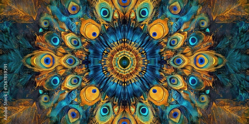 Poster peacock feather kaleidoscope: explore the enchanting symmetry of a kaleidoscopic peacock feather dis