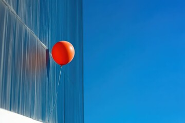 Red balloon tied to reflective blue wall against clear sky
