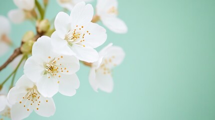 Obraz premium Close-up of delicate white cherry blossoms on a soft green background, with space for text or images, is the perfect design for cards, invitations, wallpapers, banners, posters, social media posts.