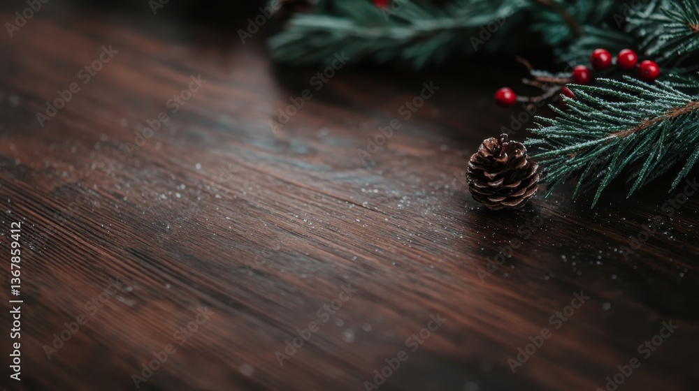 Poster Evergreen branches with red berries and wooden ornaments create a warm holiday display on a rustic wooden table lightly dusted with snow