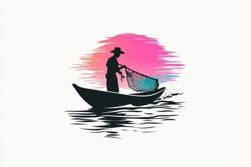 Silhouette of Fisherman in Boat at Sunset Minimalist Fishing Logo Design