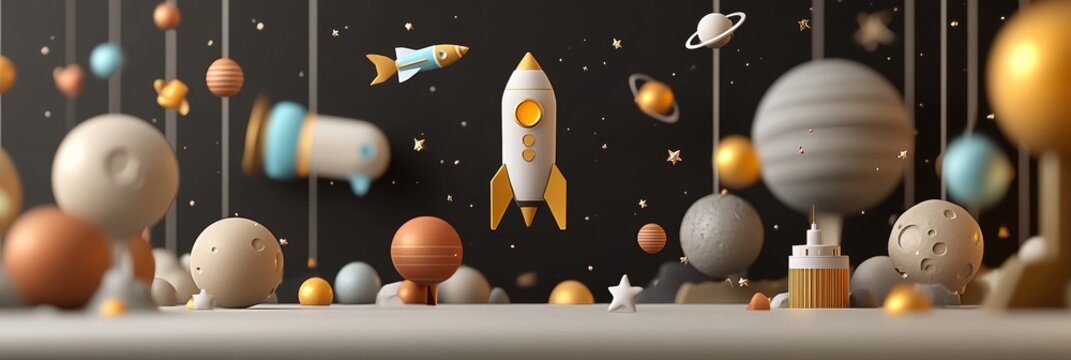 Creative space-themed display featuring a rocket, planets, and stars in a whimsical arrangement with colorful elements