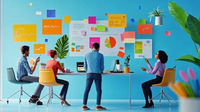 Teamwork, Innovation, and Brainstorming: A vibrant illustration of a diverse team collaborating on a creative project using sticky notes and digital tools in a modern office setting.