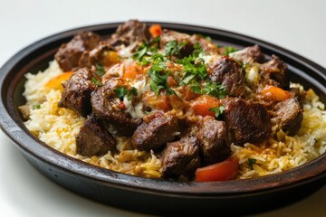 Fototapeta premium A sizzling platter of madfoon with slow cooked lamb in rice