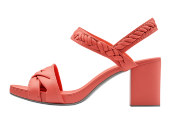 Coral braided summer sandals perfect for a sunset beach stroll with a chunky heel and elegant braided straps.
