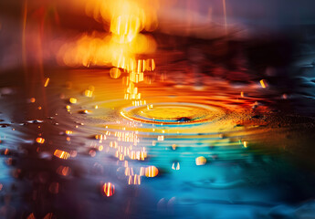 close-up of the lens flare and rainbow reflection on an object, creating a dreamy effect with soft focus. The scene is bathed in warm light, showcasing vibrant colors