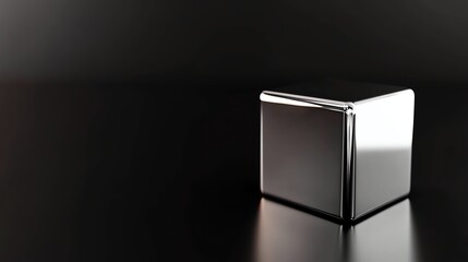 chrome metallic cube, soft edge lighting, on glossy black surface, timeless and cinematic, realistic style, black background