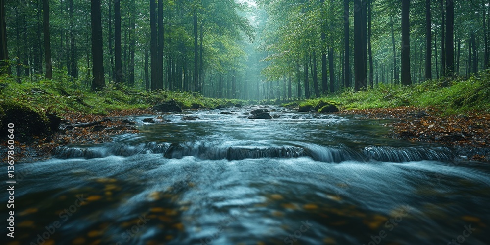 Aufkleber tranquil stream in forest: a serene stream meanders through a dense forest, its waters cascading gen
